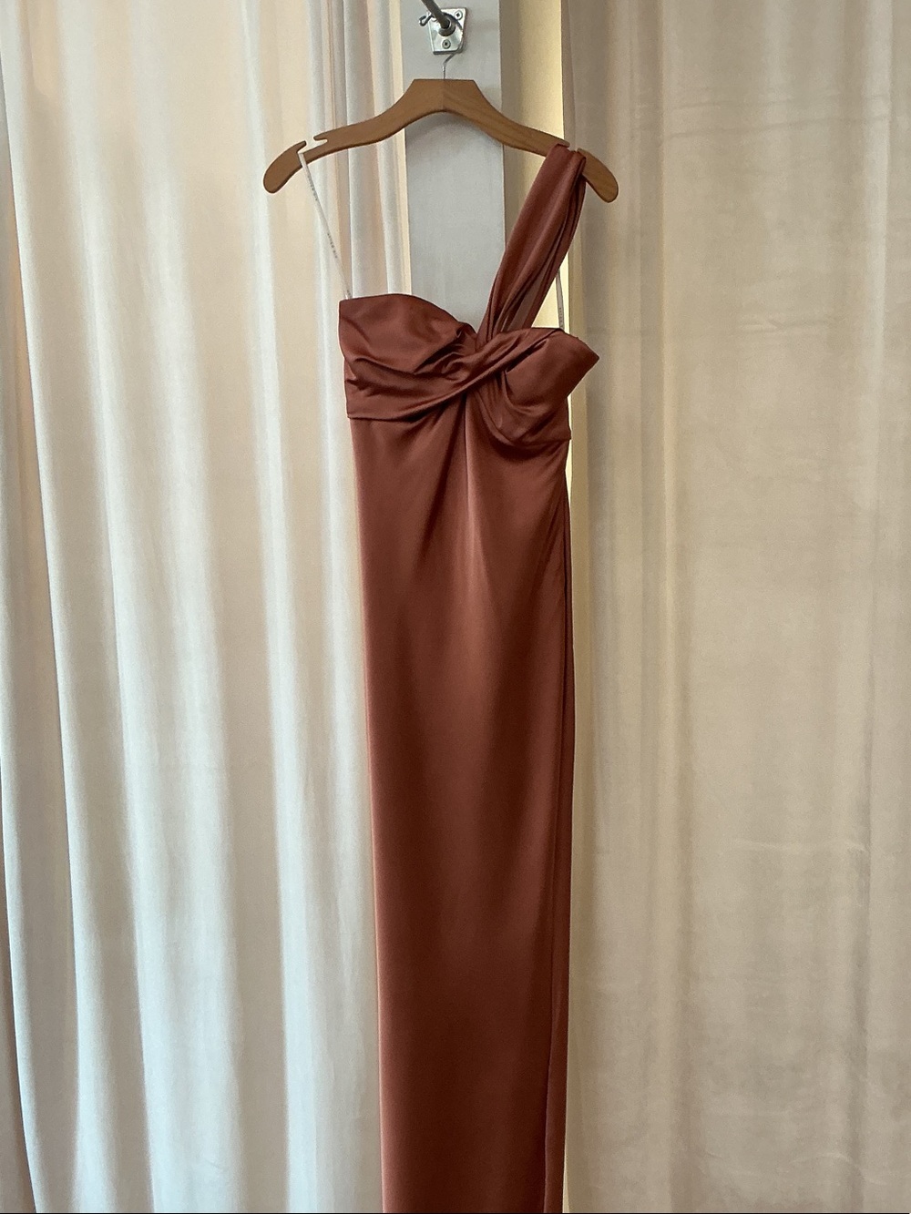 Dessy Collection One-Shoulder Satin Gown in Rust
